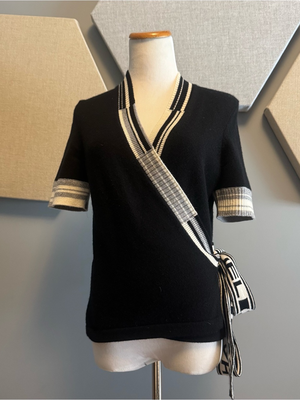Chanel 19P Black Short-Sleeve Wrap Sweater with Contrast Trim